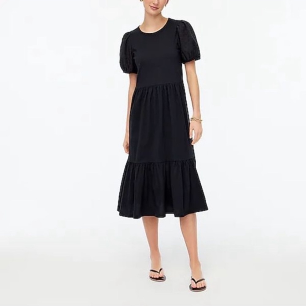 J. Crew Black Eyelet Puff Sleeve Tiered Midi Dress - Size Small Excellent Cond.